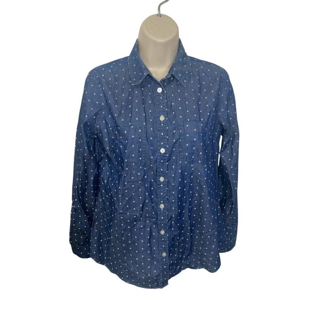 Ann Taylor LOFT Womens Small Blue Heart Print Button-Up Chambray Softened Shirt